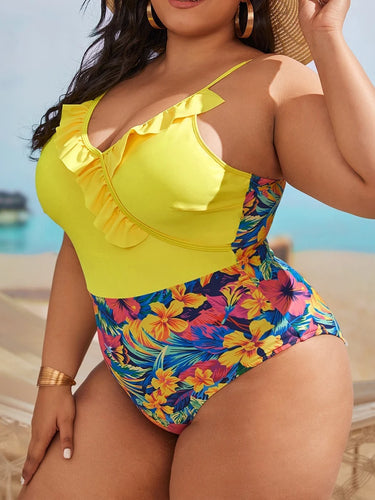Floral Print Plus Size One-Piece Swimsuit – Adjustable Vest Style